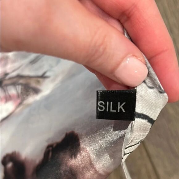 100% Silk Scarf Shaw Wrap Toile Gray Brown, Pink Floral, Boats, Tree - Picture 4 of 11